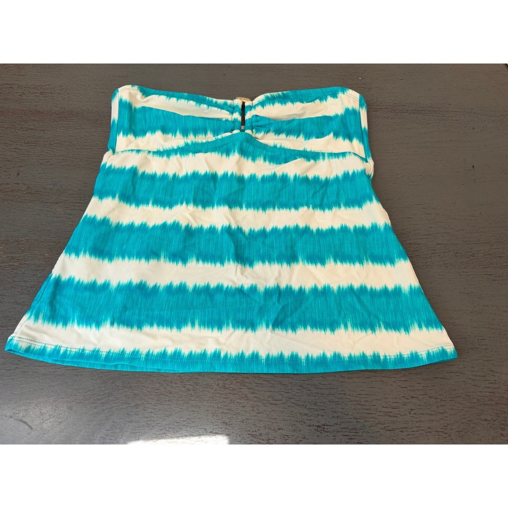 Chaps Womens Teal White Ikat Striped Strapless Bandeau Tankini Swim Top Size 8